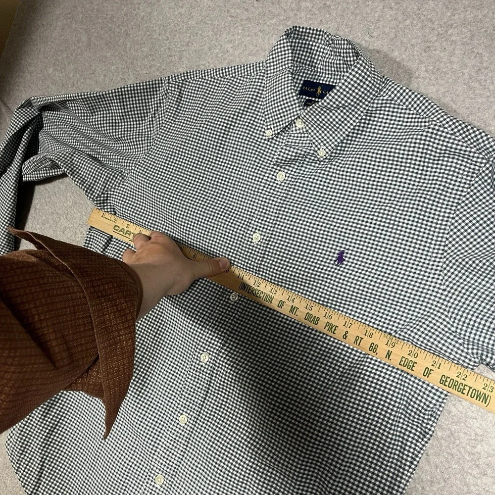 Polo Ralph Lauren Shirt Mens Medium Green Gingham Plaid Slim Fit Stretch Oxford